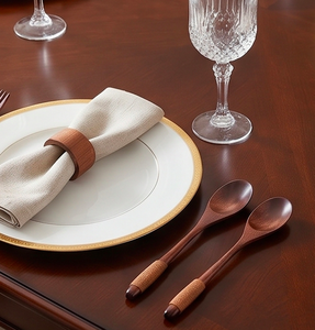 Juego de cubiertos de madera rojo marrón con mango envuelto en cuerda, utensilios reutilizables para uso en camping y uso doméstico. - Product Image 3