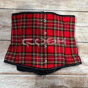 Corsé de cintura bajo el busto de tartán rojo a cuadros - Corsé de entrenamiento de cintura con varillas de acero de alta resistencia - Product Image 3