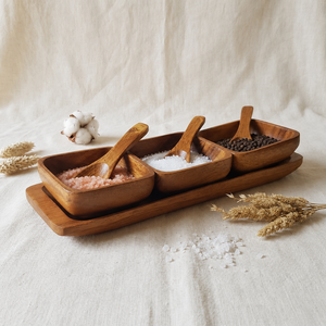 Handcrafted Acacia Wood Serving Bowl Set with <b>Tray</b> and Spoons Eco-Friendly Modern Farmhouse <b>Condiment</b> Server for Snacks - Product Image 5