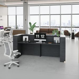 Comptoir de réception incurvé de 70,8 pouces avec grille à lattes verticales et éclairage LED intégré, comptoir moderne pour salon, clinique, salle de sport, hôtel - Product Image 5