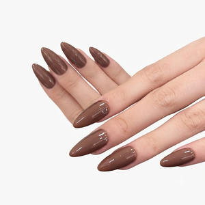Medio Almendra Uñas Acrílico Pre-diseñado Dedo Mocha Marrón/Cacao Taupe Color Sólido Croissant Glow - Product Image 6