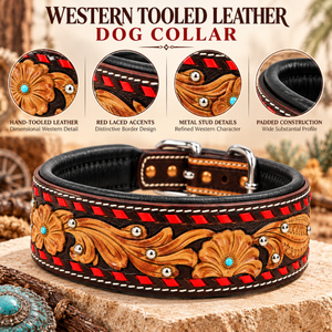 Collier pour chien en cuir clouté et orné, rouge, avec lacets floraux et rembourrage |   Collier pour chien ajustable avec boucle sculptée à la main de style western - Product Image 5