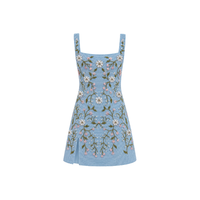 Robe mini trapèze bleue à col carré brodée de fleurs, sans manches, en coton/élasthanne, broderie à la main, taille naturelle, style maillot de bain