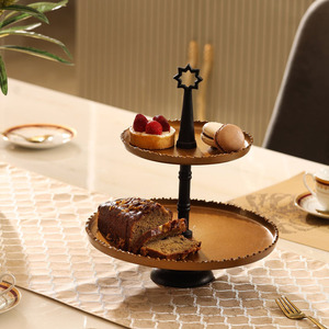 Exquisite Two Tier Golden <b>Cake</b> <b>Stand</b> With Textured Trays And A Sleek Black Central <b>Stand</b> Finished With A Star Top For Serving - Product Image 4