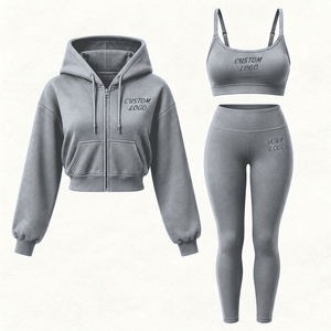 Conjunto deportivo de 3 piezas para mujer, chaqueta deportiva, sujetador deportivo, capri de manga larga con cremallera, ropa deportiva para otoño. - Product Image 1