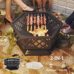 Focolare Esagonale da Esterno da 28 Pollici con Griglia, Braciere a Legna, Griglia per Cucinare, Pala per il Fuoco, Schermo Antifiamma e Coperchio - Product Image 4