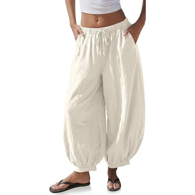 Women Linen Balloon Pants Wide Leg Palazzo Harem Flowy Baggy Drawstring Elastic Waist Summer