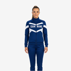Ensemble de survêtement de cheerleading pour adultes en polyester bleu, veste à fermeture éclair intégrale et pantalon, personnalisable avec nom et numéro, impression par transfert thermique, service OEM, 240g - Product Image 2