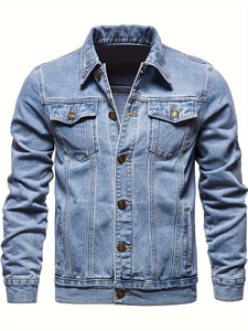 Veste en jean slim pour homme, col rabattu classique, décontractée, en coton bleu délavé, respirante, à bouton unique, style automne, coupe régulière - Product Image 5