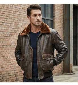 <b>Men's</b> Genuine <b>Leather</b> Bomber <b>Jacket</b> With <b>Faux</b> Fur Lining Zipper Closure - Product Image 1