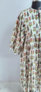 Boho Chic <b>White</b> Hand Block Floral Print Loose Cotton Midi Dress With Tie-Neck Short Sleeve Casual Dress For Women - Product Image 3