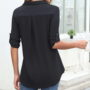 Blusa negra de mujer con cremallera de un cuarto, manga fruncida tres cuartos, cuello camisero, ajuste holgado, top informal - Product Image 2