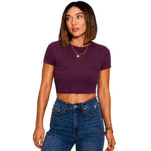 Haut court côtelé violet foncé pour femme, manches courtes, col rond, coupe ajustée, décontracté, tricoté, T-shirt d'été tendance en coton et élasthanne extensible - Product Image 1