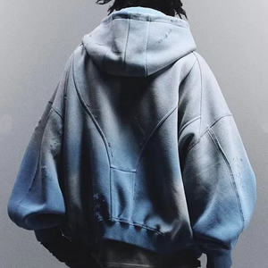 Sudadera con capucha de alta calidad para hombre, estilo streetwear, gruesa, de invierno, vintage, con efecto desgastado, lavado ácido, bordada, con efecto descolorido por el sol y cierre de cremallera. - Product Image 5