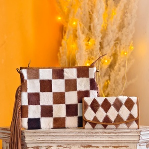 Brown & White Color Checkboard Pattern Hair On Hide Fur 100% Genuine Leather Crossbody Shoulder Sling <b>Long</b> Fringes <b>Bag</b> For Women - Product Image 1