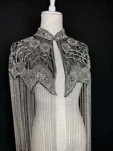 Haut de soirée court élégant vintage pour femme grande taille, col montant, broderie perlée artisanale, perles dorées, sequins, printemps-hiver - Product Image 6