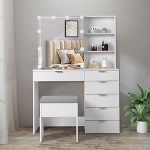 Set Moderno di Toeletta in Legno con 2 Ripiani, 6 Pomelli, 3 Lampadine a Tono Variabile, Finitura in Impiallacciatura Triamine - Bianco - Product Image 1