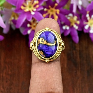 Purple Turquoise Gold <b>Ring</b> Oval Gemstone <b>Statement</b> <b>Ring</b> Vintage Style Gift for Her Handmade - Product Image 3