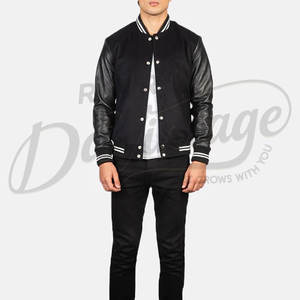 Chaqueta Bomber Varsity de Gamuza Negra para Hombre con Mangas de Cuero Genuino, Puños Acanalados a Rayas, Estilo Clásico Letterman de Béisbol - Product Image 4