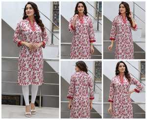 Women Red Floral Printed Cotton Kurti Mandrin Collar Straight Kurta Ethnic Casual Wear Tunic <b>Top</b> <b>Indian</b> Ladies Dress Wholesale - Product Image 5