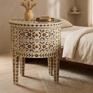 Round MDF Resin Inlay Bedside Wardrobe With Carved Floral Pattern Double Table Classic Style End Table For Living Room - Product Image 2