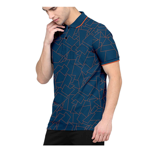 Men's Geometric Pattern <b>Polo</b> Shirt Short Sleeve Knitted Breathable Casual Design Blue with <b>Orange</b> Trim - Product Image 3