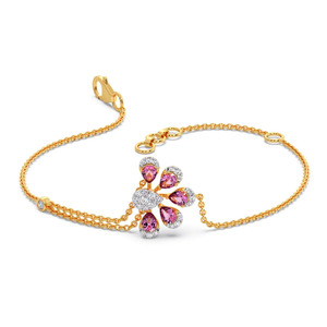 <b>Pink</b> Petal Cluster Diamond Bracelet with Yellow Gold Double Chain and Floral <b>Fan</b> Center Design - Product Image 1