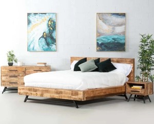 Solid Wood Rustic King <b>Bed</b> <b>Frame</b> Minimalist Design Teak Wood Natural Finish Metal Legs Handmade Bedstead - Product Image 1