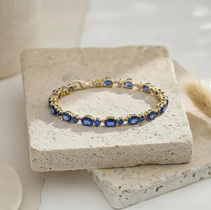 Oval Cut Lab Grown Blue Sapphire Stone Charm <b>Bracelet</b> in 925 Sterling Silver Gold Plated Elegant Luxury Handmade Jewelry - Product Image 1