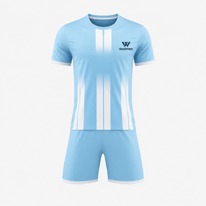 Warpro Men's <b>Light</b> Blue Striped Soccer Jersey Shorts Set Crew <b>Neck</b> Short Sleeve Moisture Wicking Athletic Fit Full Kit - Product Image 1