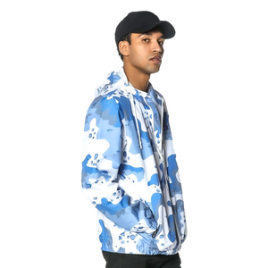 Men's Blue Camouflage Hooded <b>Racer</b> <b>Jacket</b> Waterproof Streetwear Zipper Closure Polyester Lightweight Custom Unisex Windbreaker - Product Image 1
