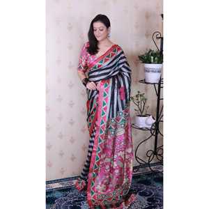 Sari de Seda Tussar Gris Tradicional Chino de Elite Weaves con Rayas y Diseño Estampado con Hilo Zari - Product Image 3