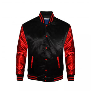 Chaqueta Varsity Negra y Roja para Hombre, Cuello Camisero, Corte Regular, Color Sólido, Cierre de Botones, Ropa de Otoño - Product Image 1