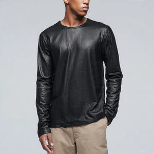 T-shirt pour homme à manches longues, col rond, style streetwear, en cuir PU de haute qualité, écologique, anti-UV - Product Image 4