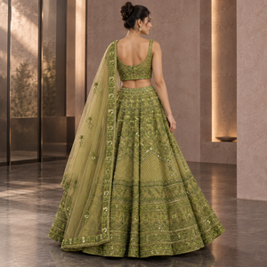 Olive Green Embroidered Lehenga Set 3 Piece Sequin <b>Beaded</b> Blouse | Flared <b>Skirt</b> with Embellished Dupatta for Wedding Party Wear - Product Image 4