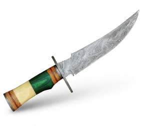 Couteau utilitaire d'extérieur artisanal en acier Damas torsadé, lame à pointe traînante, garde ovale en acier, manche en bois et os multicolore - Product Image 4