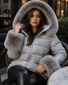 Chaqueta Acolchada Plateada para Mujer con Capucha de Piel, Cierre de Cremallera en Manga Larga, Abrigo de Invierno Cortavientos, Relleno Grueso de Poliéster - Product Image 5