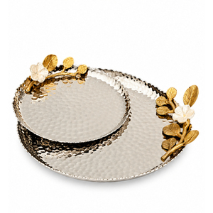 Hammered Metal Serving <b>Tray</b> Set with Golden Floral Handle Design Stainless Steel <b>Round</b> <b>Tray</b> for Hotel Catering Wholesale Price - Product Image 1