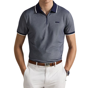 Camisa de Manga Corta con Cuello para Hombre, Corte Entallado, Tejido de Punto Sólido, Estilo Casual Elegante, Suave, Elástica, Transpirable, 100% Algodón, Moderna y Ajustada - Product Image 1