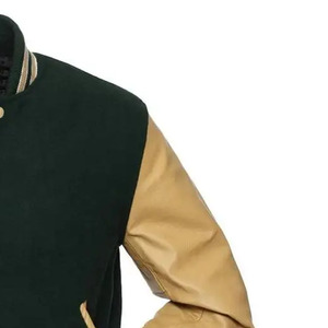 Veste de sport verte pour homme avec manches en cuir marron, fermeture à boutons, col rabattu, vêtement décontracté d'automne, coupe classique - Product Image 6