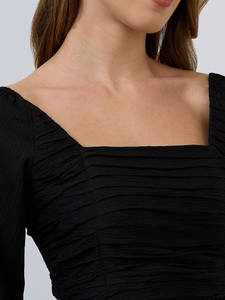 Vestido Formal Negro Ecológico con Estampado Sólido, Cuello Redondo Holgado, Mangas Abullonadas de Tres Cuartos, Largo hasta la Rodilla, Tela Georgette, Cintura Natural - Product Image 4