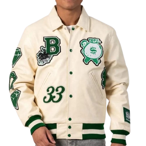 Cream Varsity <b>Jacket</b> With Green Embroidered Patches And Button Closure Regular Fit Full Sleeve Turn-down Collar - Product Image 5
