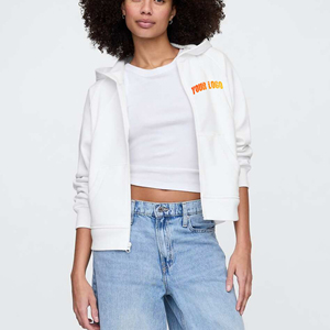 Customized <b>Cropped</b> women's hoodies oversized full <b>zip</b> <b>up</b> hoodies women solid white color comfortable hip hop women's Hoodies - Product Image 5