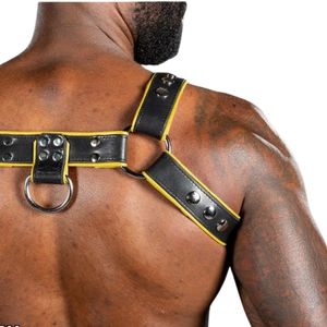 <b>Mens</b> Black Leather <b>Harness</b> With Yellow Trim Adjustable Chest Strap And O-Ring For BDSM Wear - Product Image 5