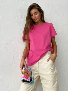 Summer 100% Cotton Women's T-shirt Fashionable Solid Lady Short Sleeve Loose <b>Tops</b> T Shirts - Product Image 2