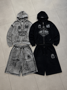 Custom <b>Lightweight</b> French Terry Vintage Washed Solid Zip <b>Hoodie</b> Oversized Sweat Shorts Premium Winter Streetwear Two Piece - Product Image 1
