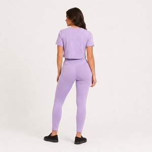 Women Custom Yoga <b>Crop</b> T Shirt High Waist Leggings Set Premium Breathable Spandex Skinny Fit Workout Sportswear Pockets - Product Image 2