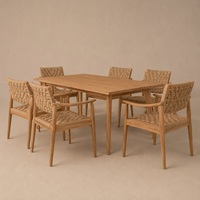 Ensemble de table à manger en teck scandinave moderne, finition naturelle, 5 pièces, 6 chaises en rotin synthétique tissé, meubles durables pour la maison