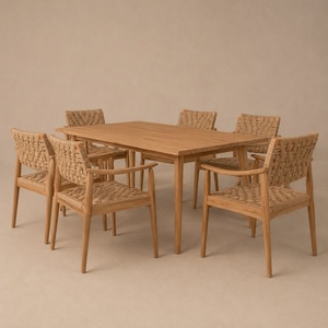 Modern Scandinavian Teak Wood Natural Finish <b>Dining</b> Table <b>Set</b> 5 Piece 6 Synthetic Rattan Woven Chairs Durable <b>Dining</b> Room - Product Image 1