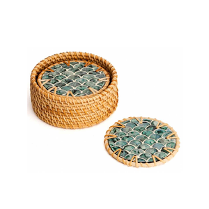 Posavasos de Nácar Brillante y Colorido - Base Protectora con Borde de Ratán - Accesorio Decorativo para Mesa con Incrustaciones de Concha - Product Image 1